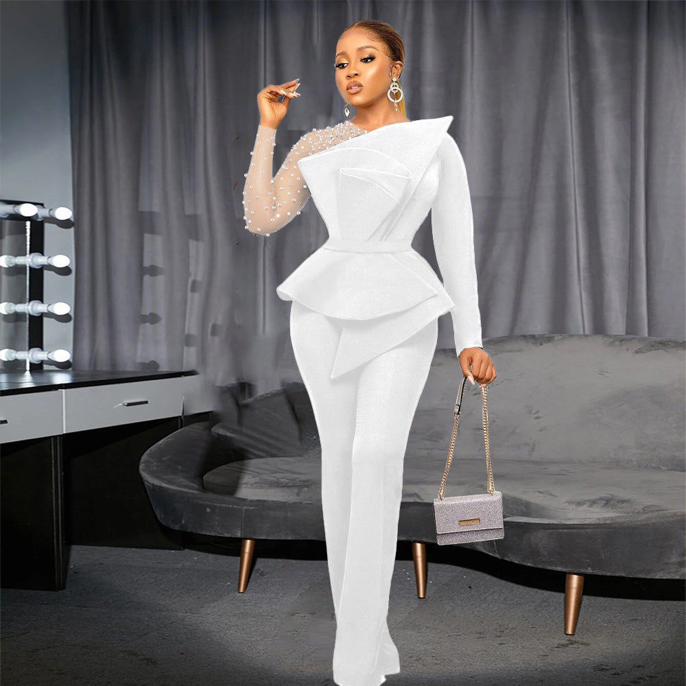 European and american style women's fashion jumpsuit: new arrivals, trendy mesh paneling, beaded detailing, cinched waist, slimming fit, plus size available, cross-border e-commerce