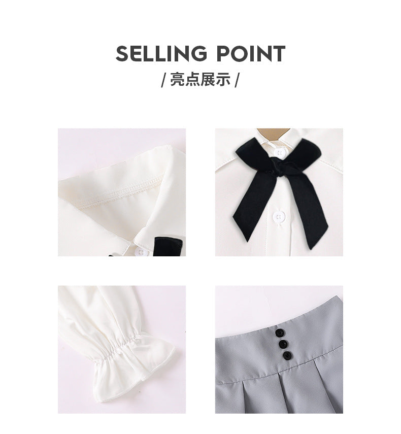 Girls' foreign trade skirt set: white long-sleeve blouse with bow tie, high-waisted pleated skirt, preppy style children's outfit