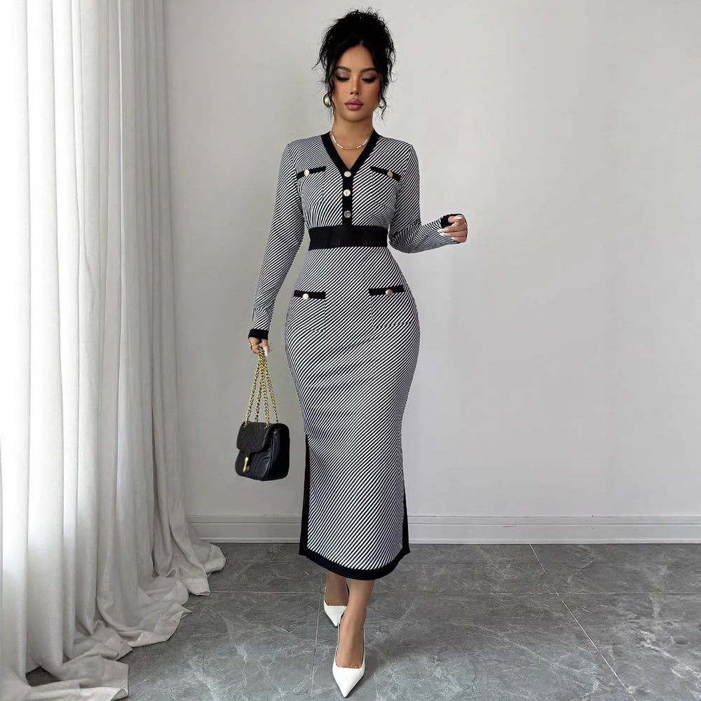 fashion  new arrival: chic & sophisticated v-neck black knit dress -  spring collection