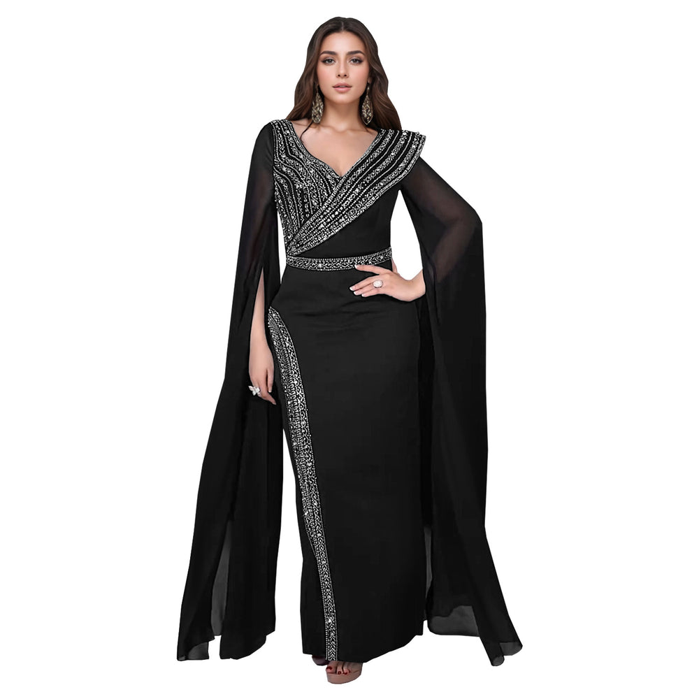 C7393 cross-border   fashion women's elegant v-neck rhinestone long-sleeve dress