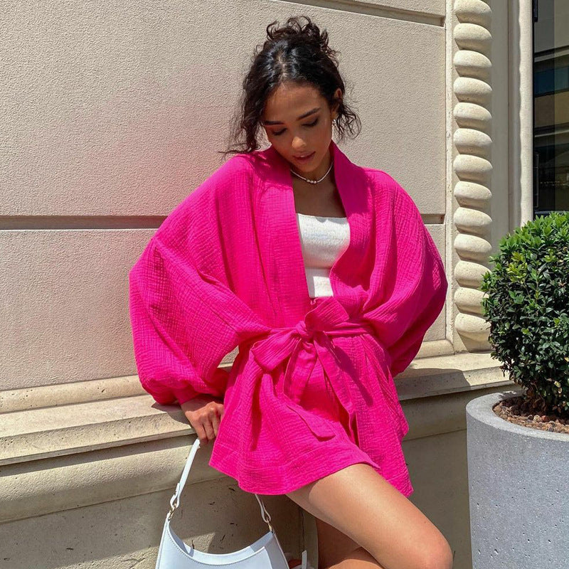 European and American loose solid color long-sleeved   cardigan shirt casual shorts fashionable foreign style new two-piece set women