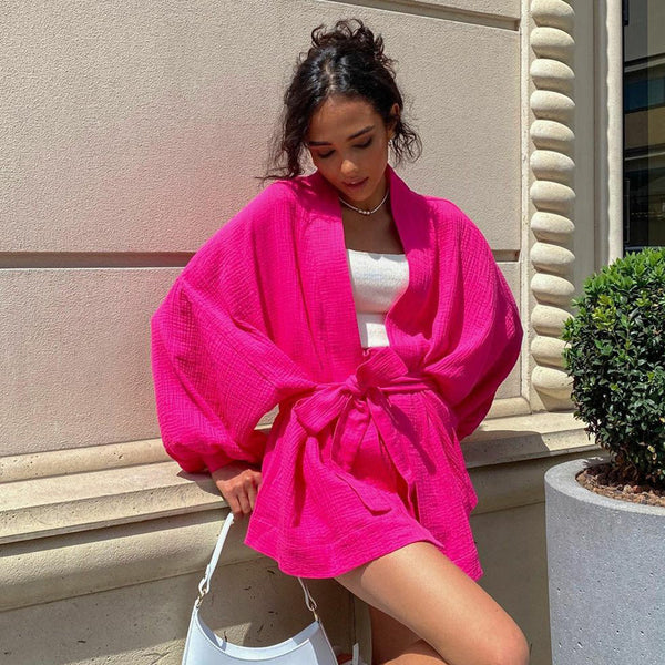 European and American loose solid color long-sleeved   cardigan shirt casual shorts fashionable foreign style new two-piece set women