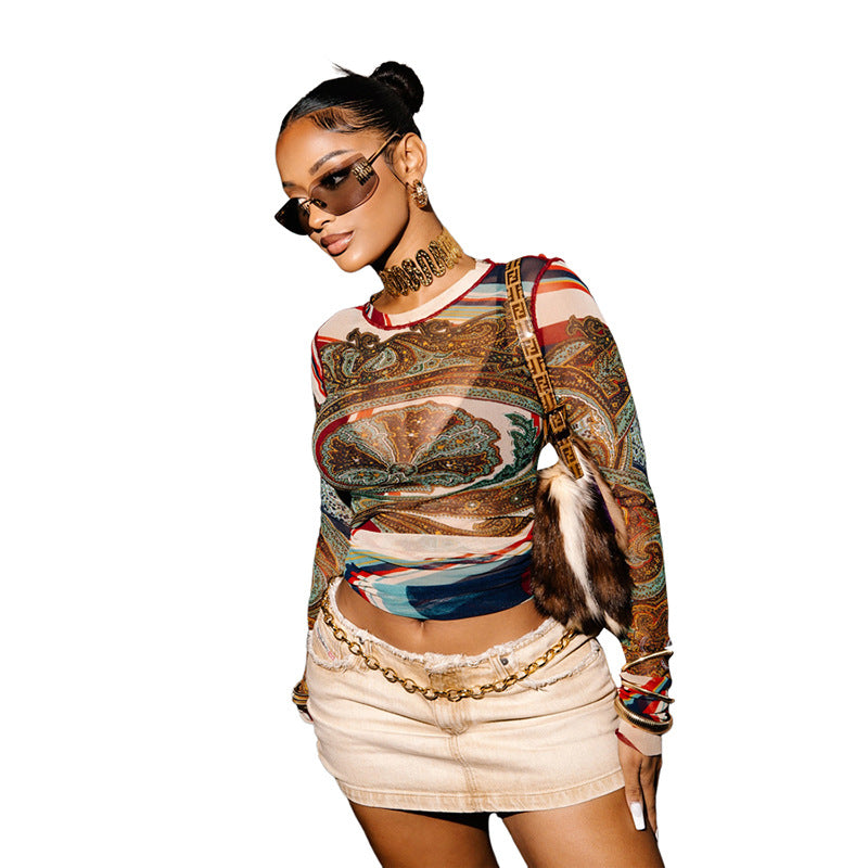 Europe, America 2024 winter new women's clothing personalized street abstract printing semi-turtleneck long-sleeved mesh slim-fit T-shirt