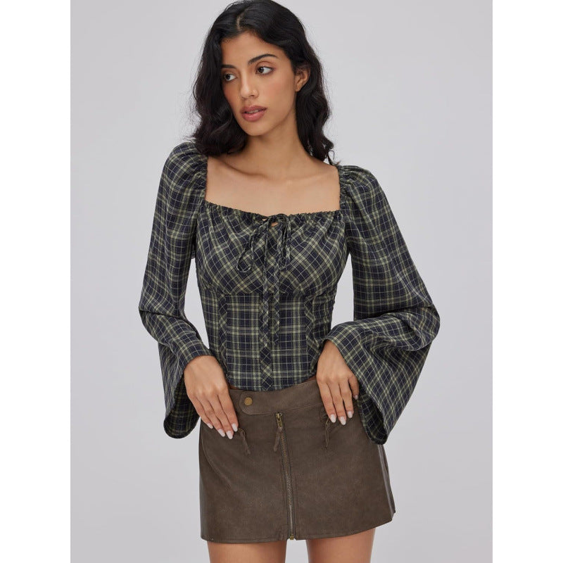 European and american retro plaid long sleeve square neck tie-front fashionable cropped shirt -  spring new arrival - elegant top