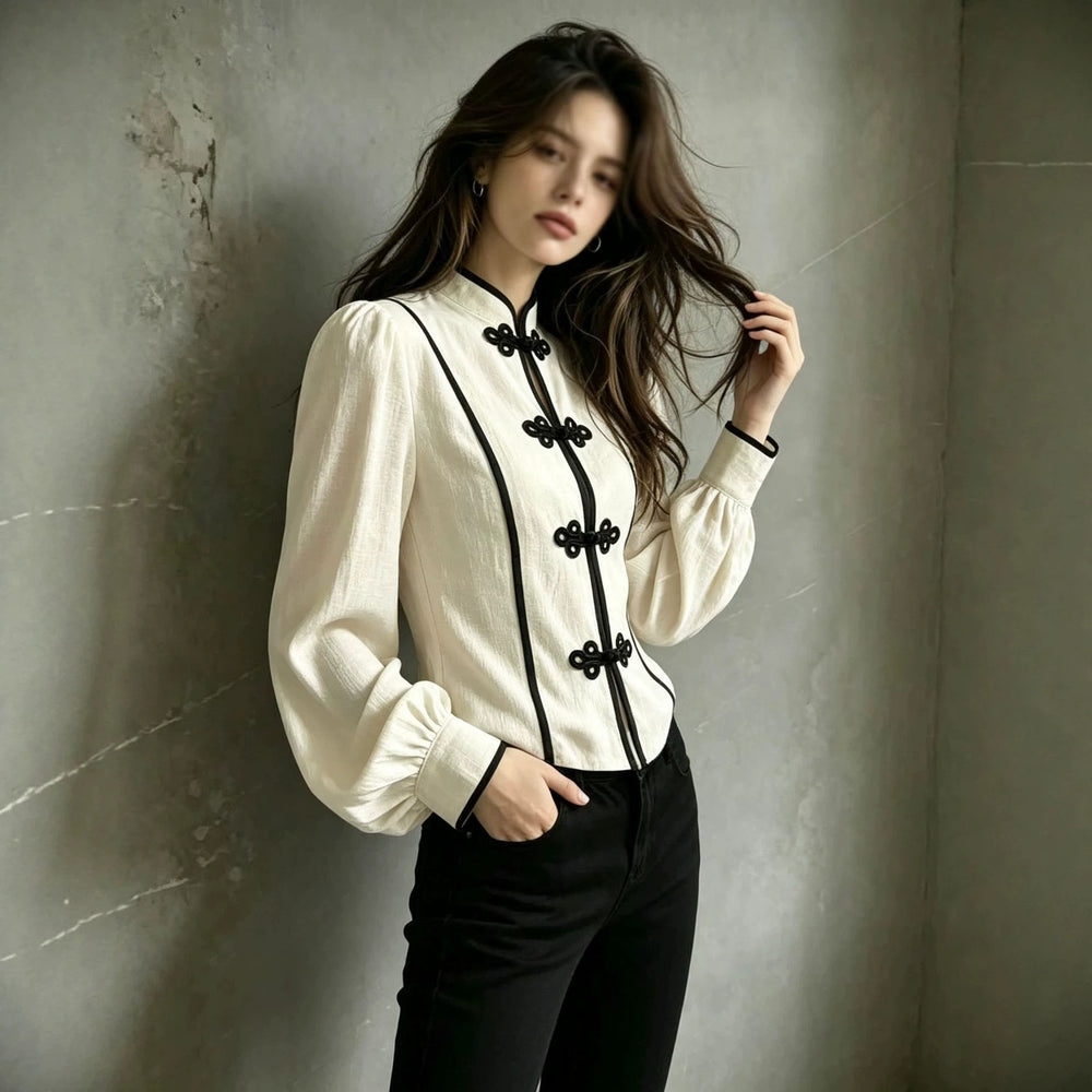 cross-border fashionexportfrenchretro chinese style featured plate button women's round neck slim long sleeves tops