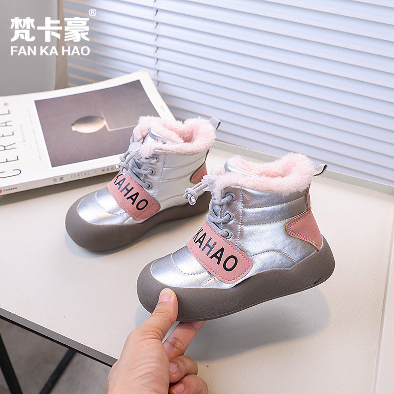 Vancahao girls' thickened warm snow boots,  winter new collection, boys' black cotton shoes, versatile ankle boots for kids