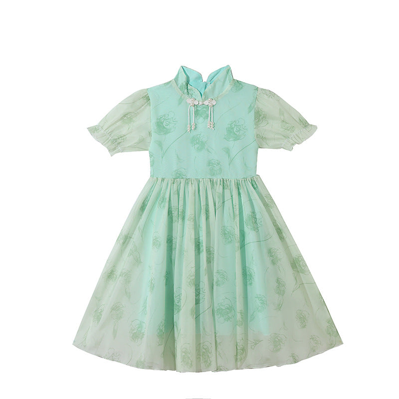 Girls' summer dress  new chinese style frog closure short sleeve traditional dress children's fashionable flared skirt