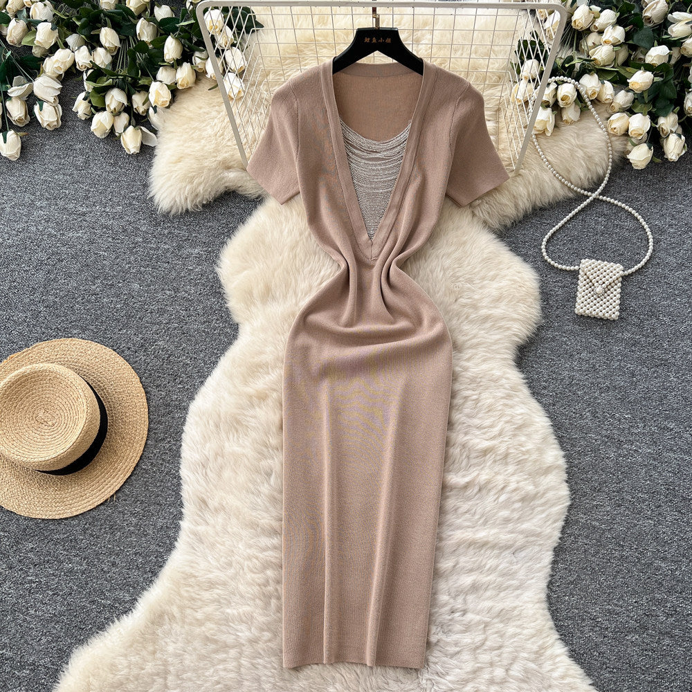 K-style square collar knitting casualcasualdress women's short-sleeved a-line skirt work clothingslimming lookelegantsexy skirt