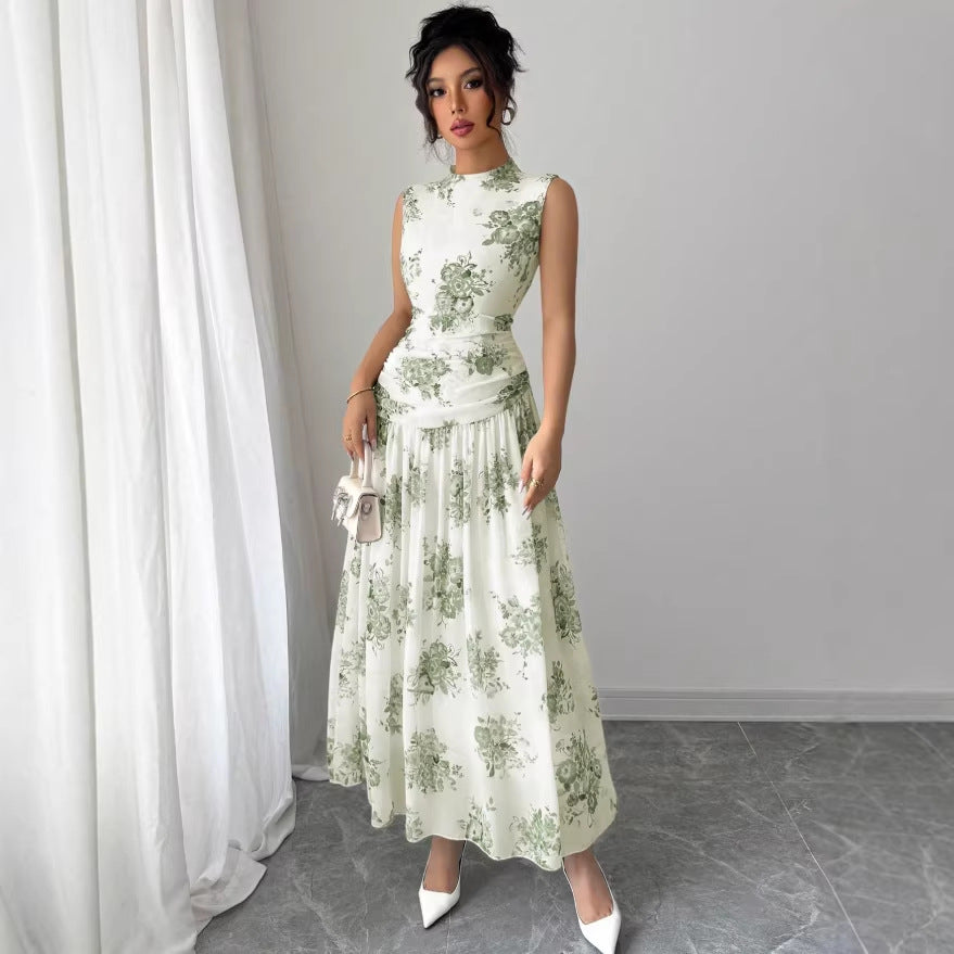 european and american cross-border new arrival: elegant round neck sleeveless maxi dress - trendy vacation style with floral print and cinched waist
