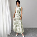 european and american cross-border new arrival: elegant round neck sleeveless maxi dress - trendy vacation style with floral print and cinched waist