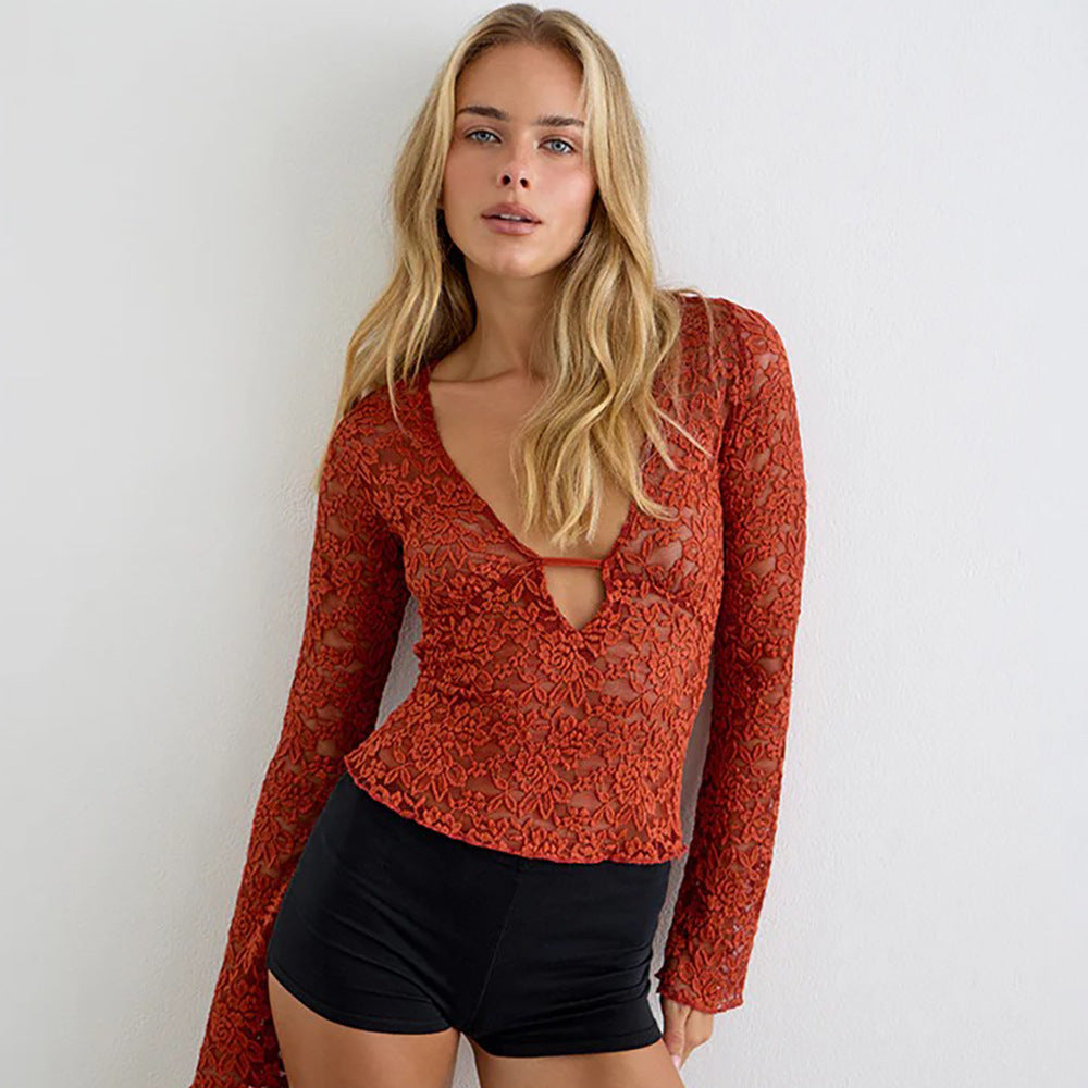 European and american export women's clothing  new fashion low-cut long sleeve t-shirt sexy lace see-through versatile top wholesale
