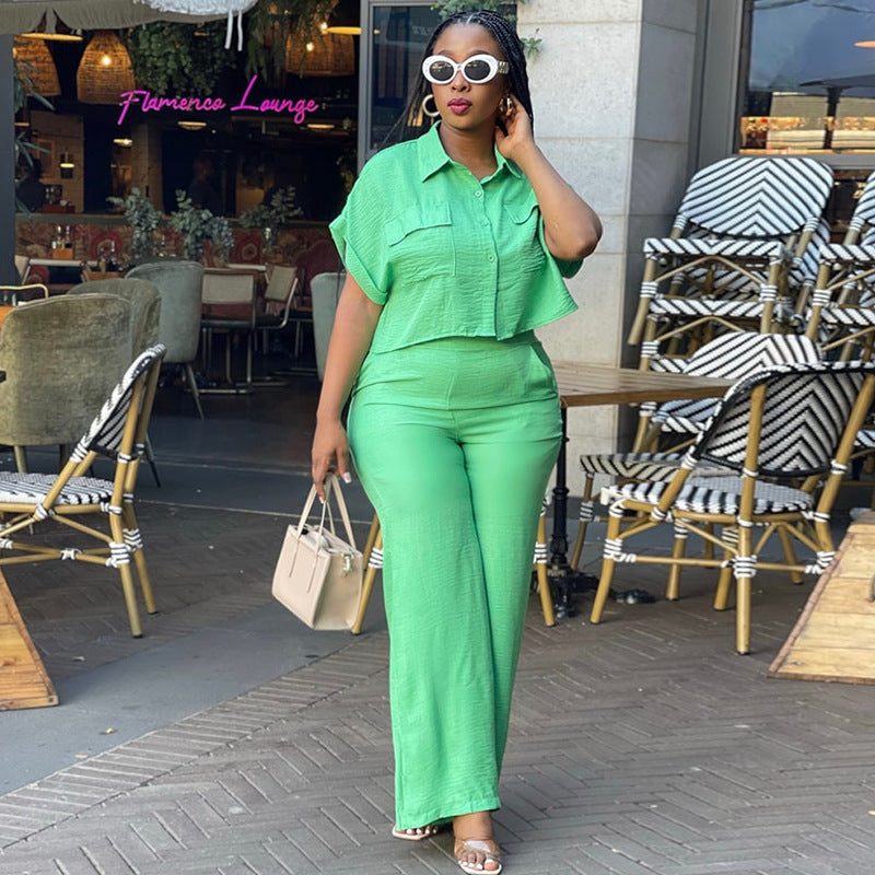 Ready-to-ship cross-border women's apparel for europe and the us:  summer new arrivals, solid color collared short-sleeve shirt and wide-leg pants casual set