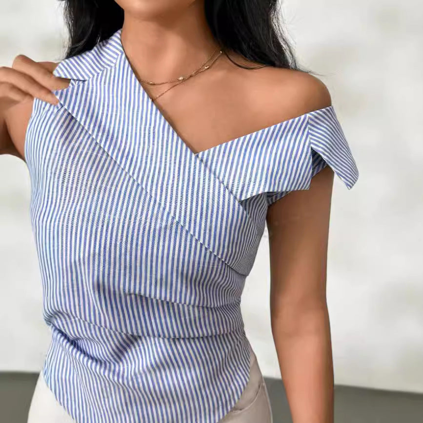 European and american cross-border   new striped design women's summer turn-down collar off-shoulder sleeveless vest