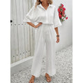Women's lapel half sleeve jumpsuit button fly drawstring waist wide leg texture jumpsuit daily casual beach