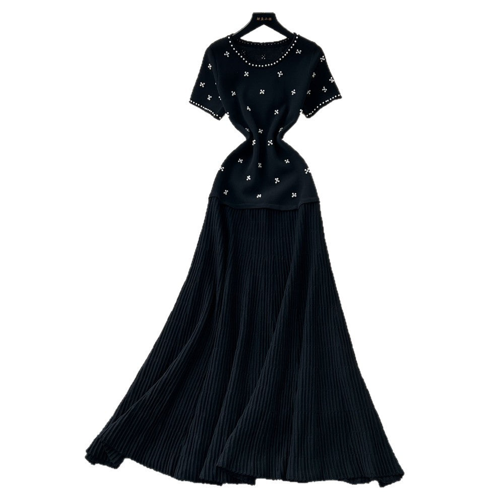 French style beaded short-sleeve dress - women's summer gentle high-waisted a-line dress - slimming and figure-flattering for work and casual wear