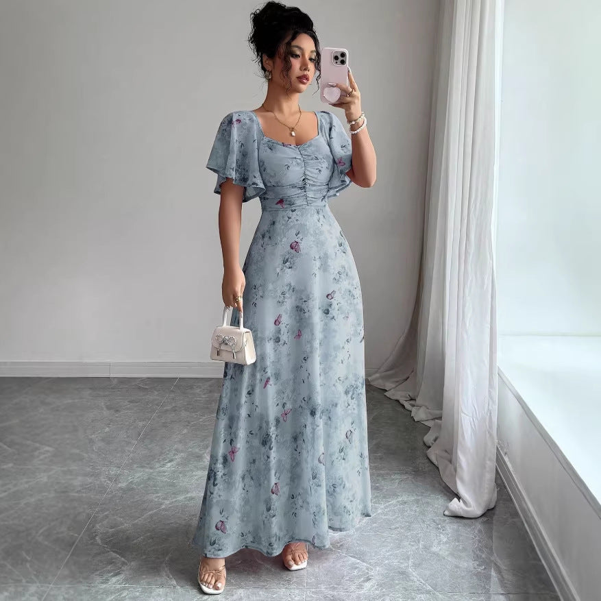 cross-border  hot-selling european and american style square neck puff sleeve floral dress
