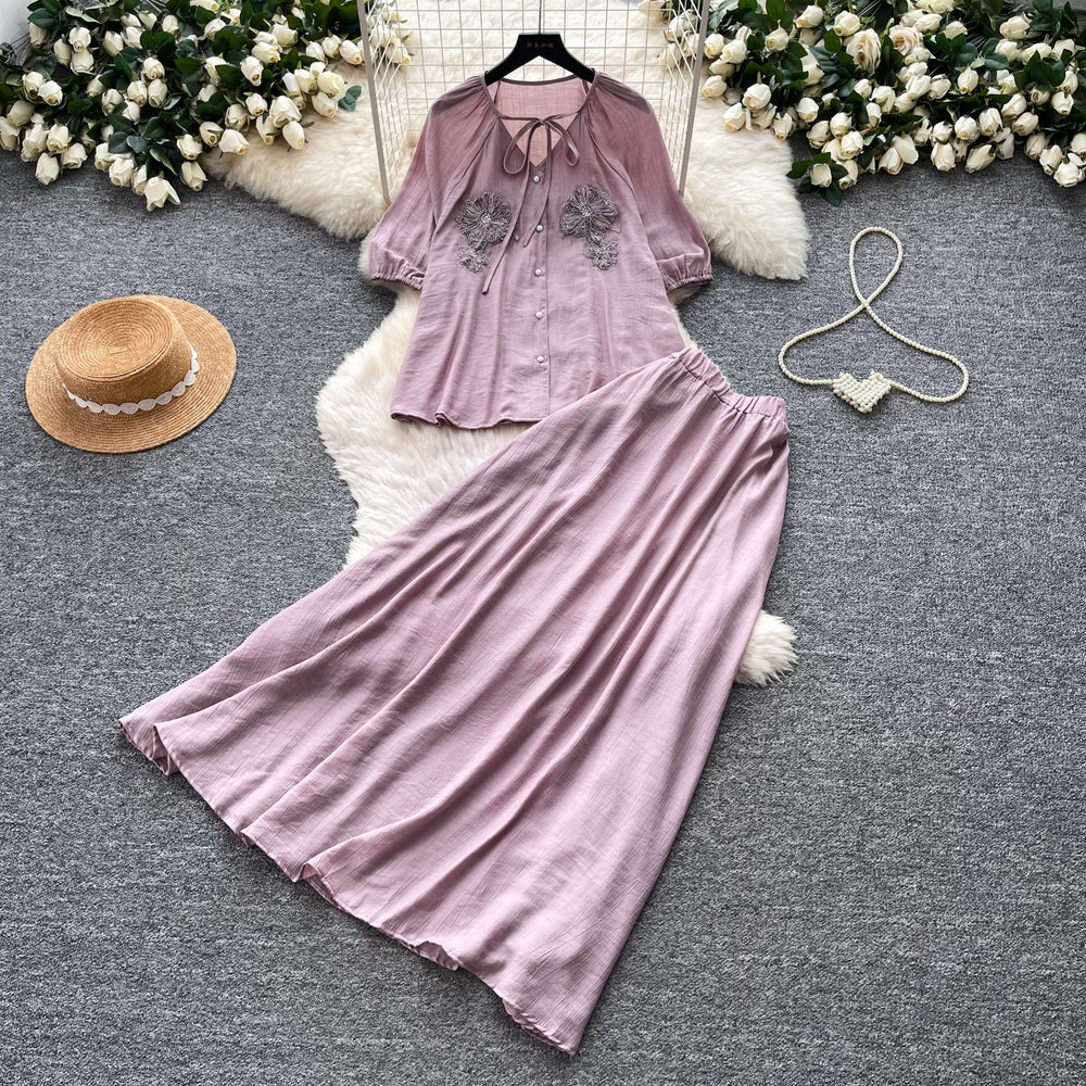 French chic embroidered blouse and high-waisted midi skirt two-piece set - women's summer commute style, slimming and elegant outfit