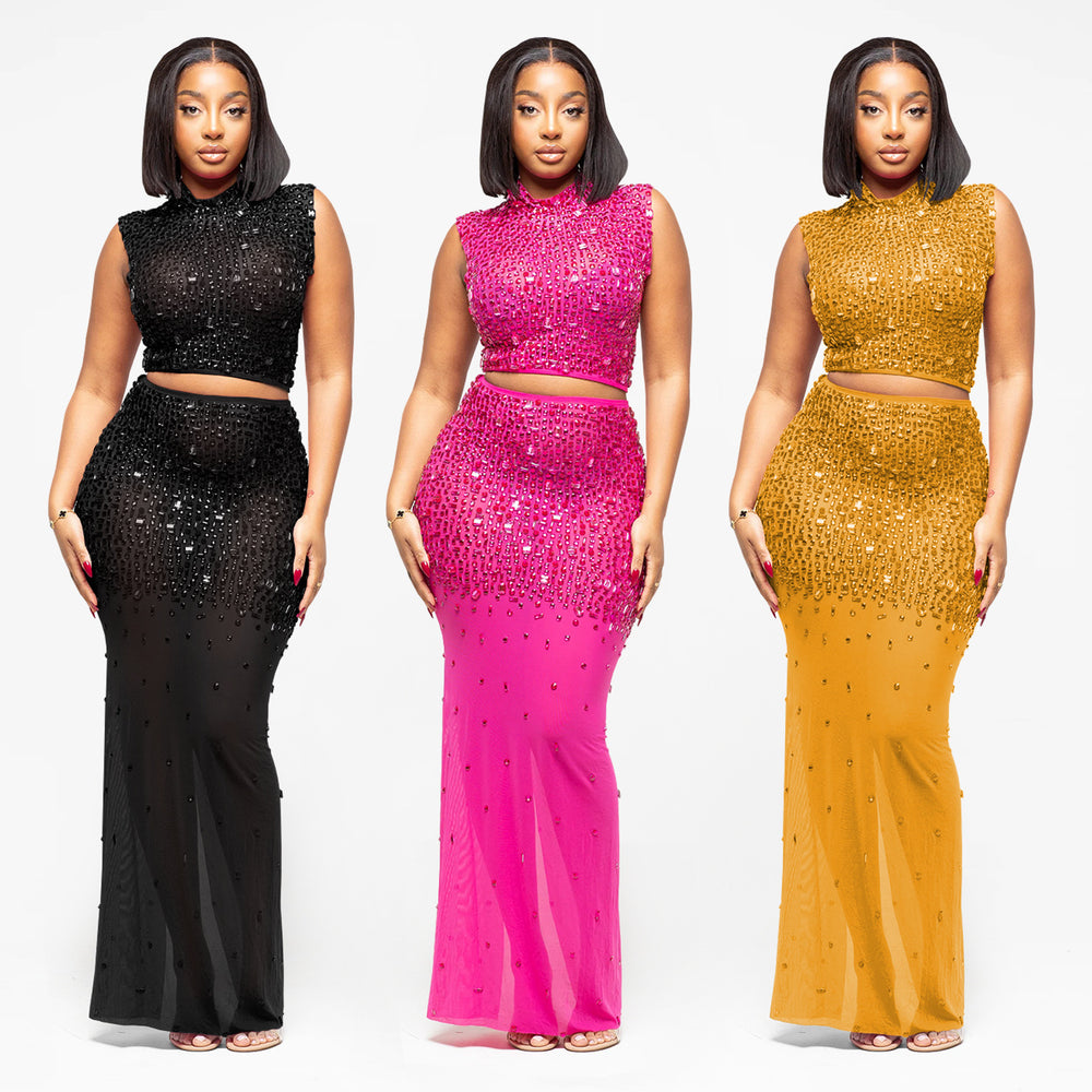 C7580 cross-border   fashionable women's hot-selling rhinestone mesh sleeveless two-piece dress set