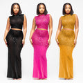 C7580 cross-border   fashionable women's hot-selling rhinestone mesh sleeveless two-piece dress set