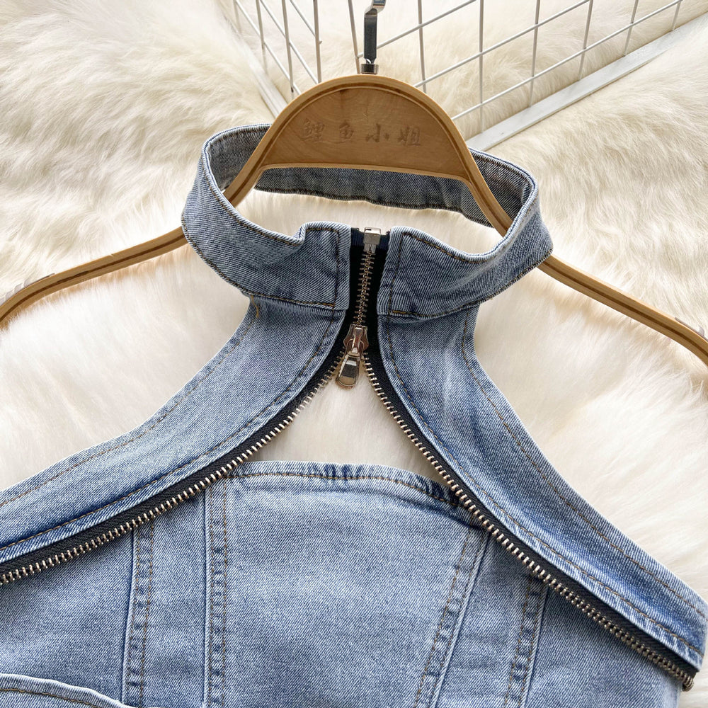 Street style hot girl denim set - women's new summer retro hong kong style halter crop top & mini skirt two-piece outfit