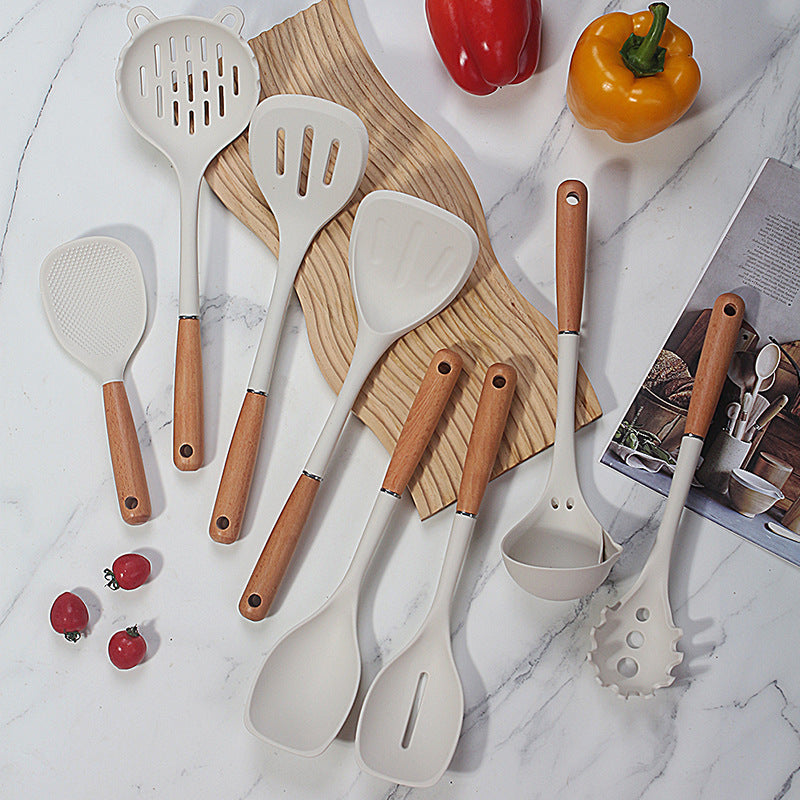 Beech handle transparent white silicone spatula food grade high temperature resistant spoon colander kitchen household cooking spatula set