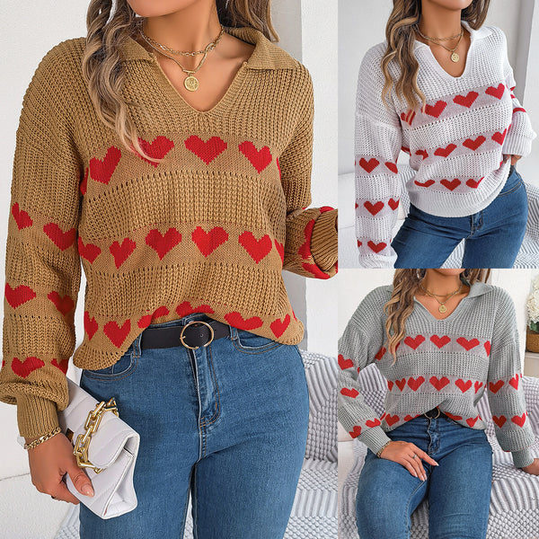 Real shot 2025 autumn and winter casual chicken heart neck lantern sleeve contrasting color love pullover sweater, independent station  women's clothing