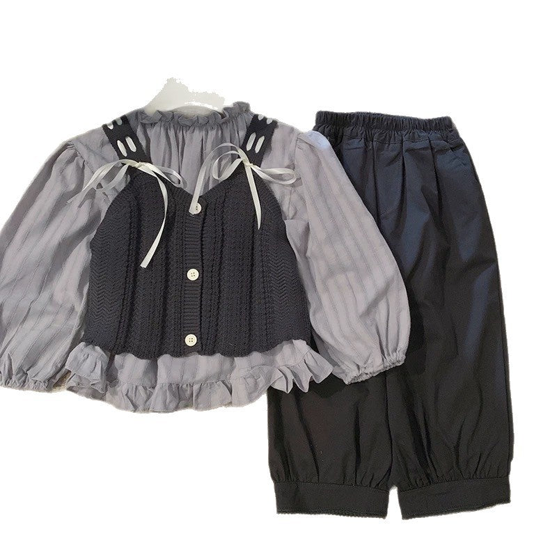 Girls' spring/autumn bowknot knitted vest, layering long-sleeve pullover shirt top, and casual pants three-piece set