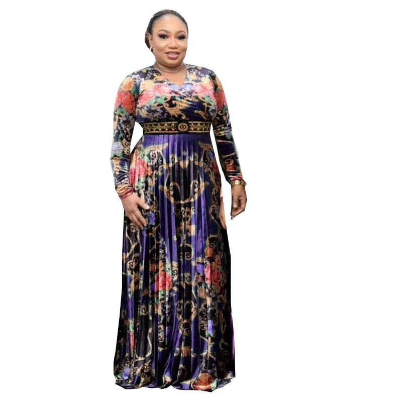 supply long skirt printingv neck waist and chest with diamond pleated skirt special price
