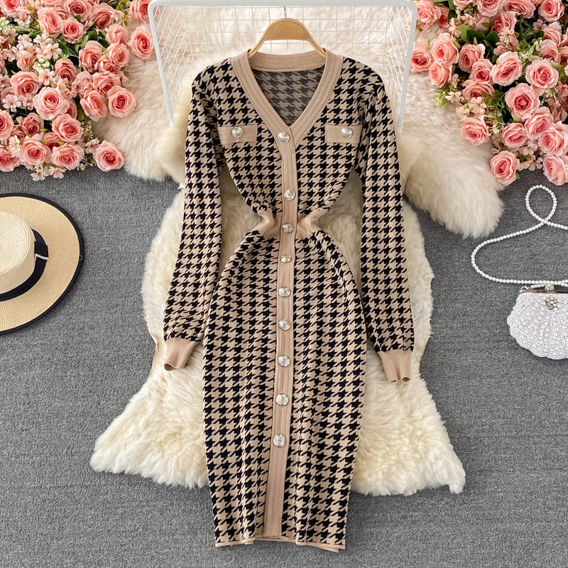 Fall and winternew arrivalelegantv neckcontrast color tweed styleilmfashion chidori grids pattern long sleevesknitting hip-hugging dress