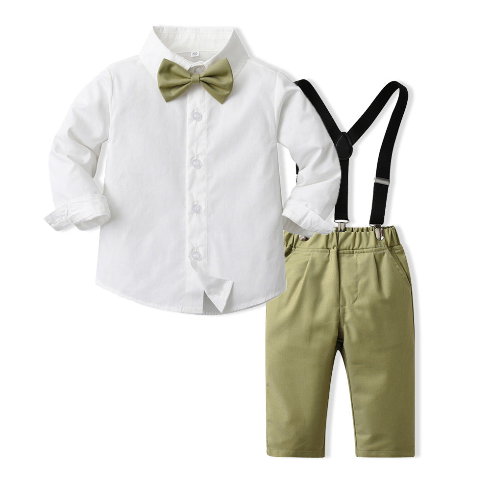 kidsautum children's clothing k-style boys' suit cotton long-sleeved white shirt overalls first birthday dress manufacturer