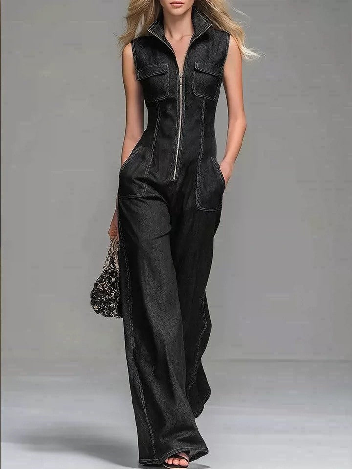 Amazon's new export fashion silm shows body shape fashiontrendy sense denim jumpsuit straight-legpants tight waist
