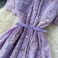 French high-end women's dress -  summer collection: chanel-inspired, cinched waist, single-breasted, elegant lace maxi dress