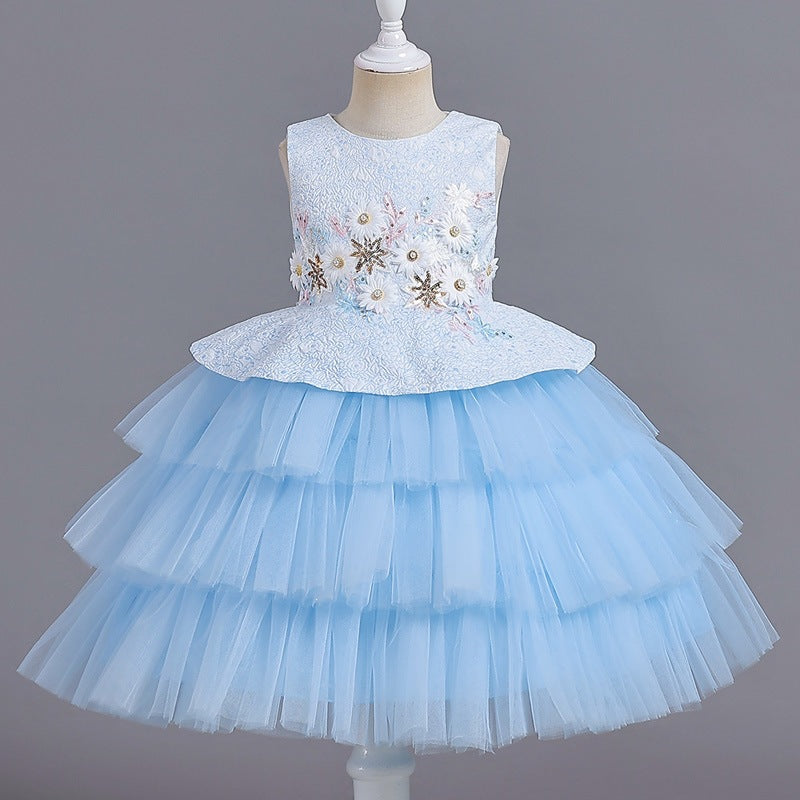 Cake skirt dinner princess skirt mesh flower girl dress girl dress skirt puffy host dress sleeveless short