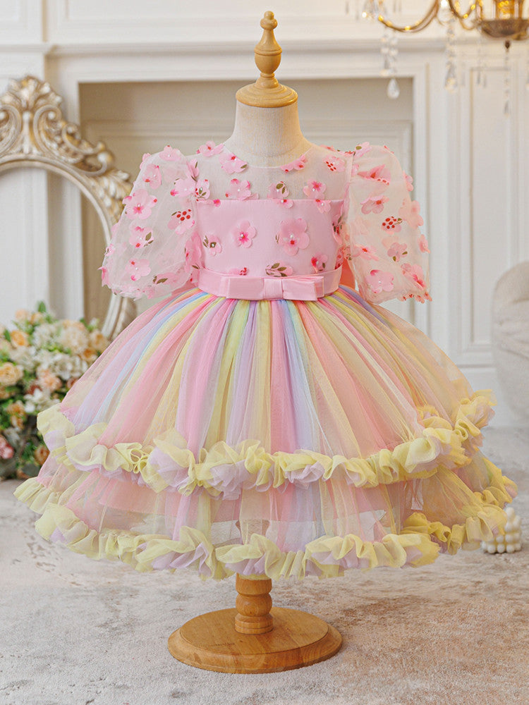 European and american new princess dress mesh print rainbow floral girl's wedding dress party baby's first birthday christening gown