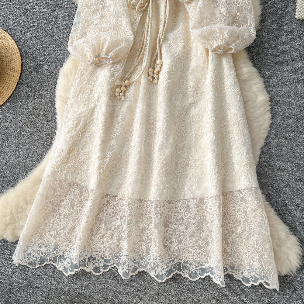 French chic luxury: exquisite embellished floral embroidered mesh dress - autumn tie-waist maxi dress