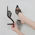 Women's high-end fashion black mesh rhinestone high heel slippers - stiletto, pointed toe, open toe, comfortable for all-day wear