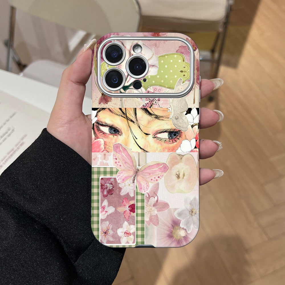 Pink butterfly collage phone case for iphone 17, apple 16, peach blossom eye sticker, large view window protective case 11
