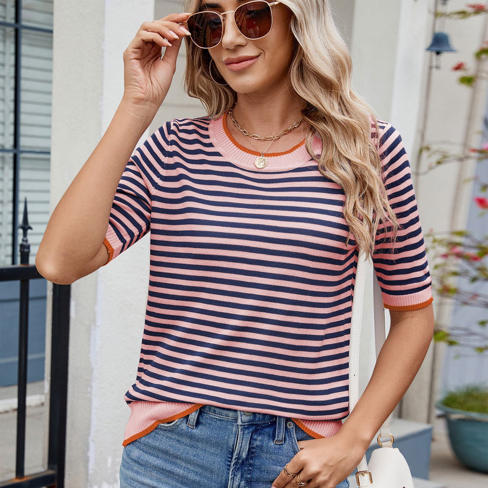 European and american cross-border e-commerce women's summer  striped knit t-shirt short sleeve ice silk color block british preppy style