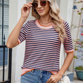 European and american cross-border e-commerce women's summer  striped knit t-shirt short sleeve ice silk color block british preppy style