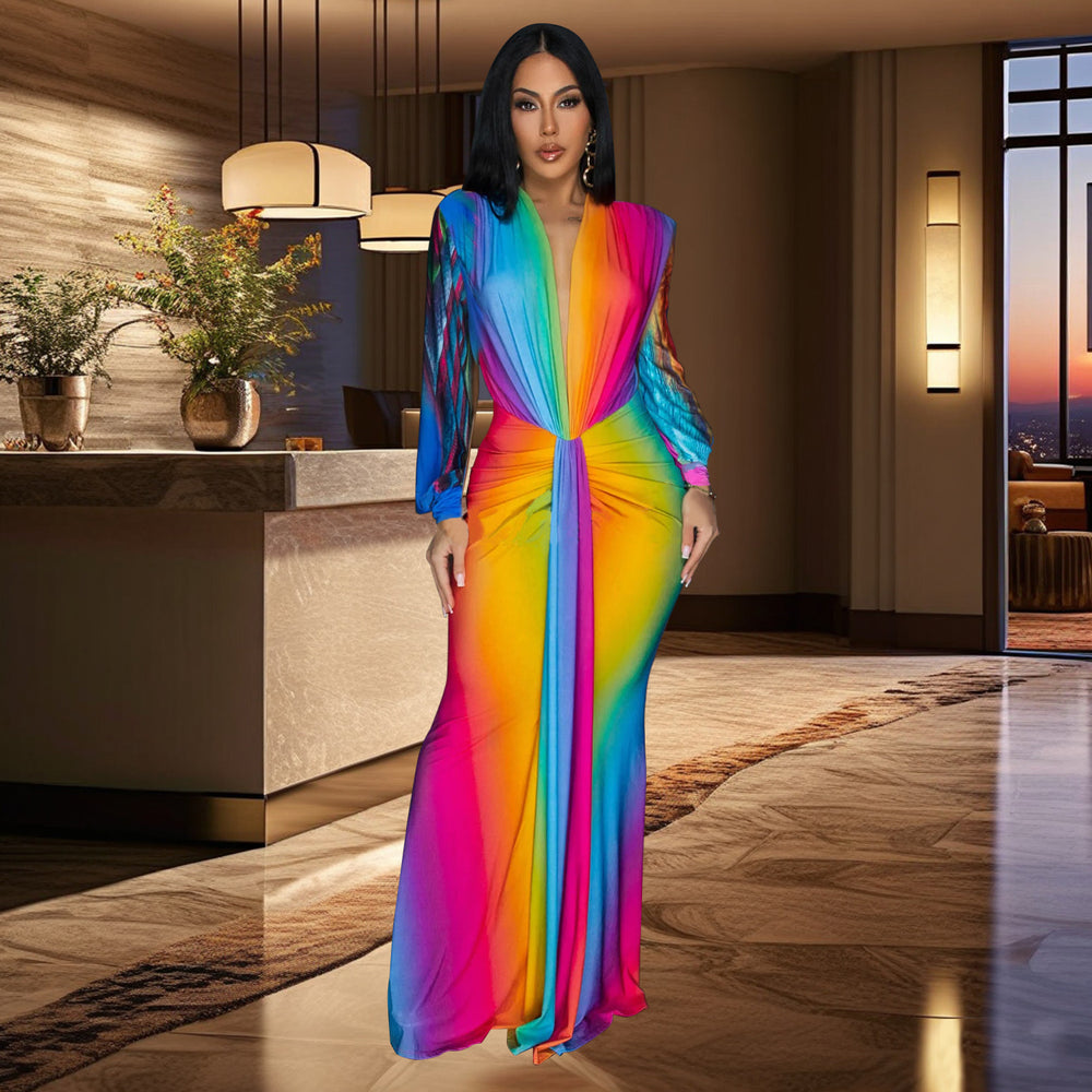 C6952 cross-border   independent station fashionfashion women's pleated color matching casualdress length