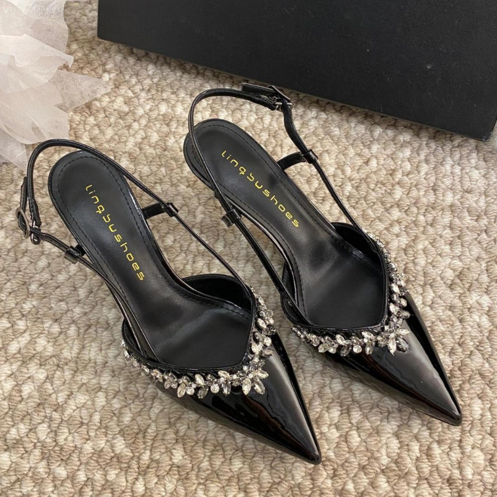 2026 spring/autumn new pointed-toe rhinestone high heels women's black patent leather v-cut stiletto sexy closed-toe pumps sandals