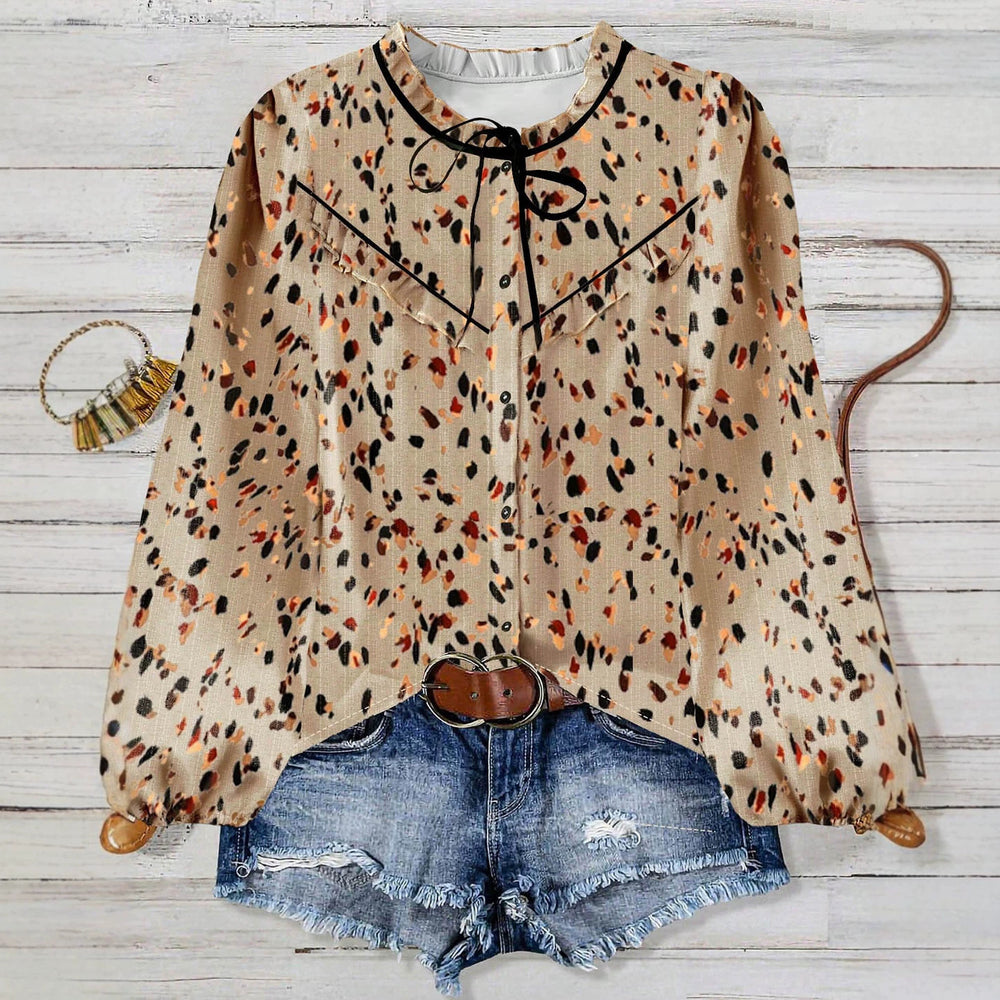 fashionretro spotted shirt, light khaki bottom, colorful leopard print, stand-up collar, ribbon patchwork, lotus leaf looselong sleeves