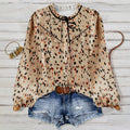 fashionretro spotted shirt, light khaki bottom, colorful leopard print, stand-up collar, ribbon patchwork, lotus leaf looselong sleeves