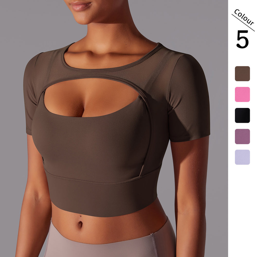 Classic solid color mesh panel sexy double-layer short sleeve cami bra top - running, fitness, and yoga activewear for women