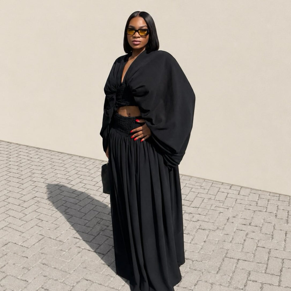 European and american cross-border women's fashion:  summer new collection - stylish v-neck pleated top and high-waisted midi skirt set