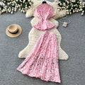 Elegant beaded lace v-neck two-piece set: a sophisticated and slim-fitting summer outfit for women