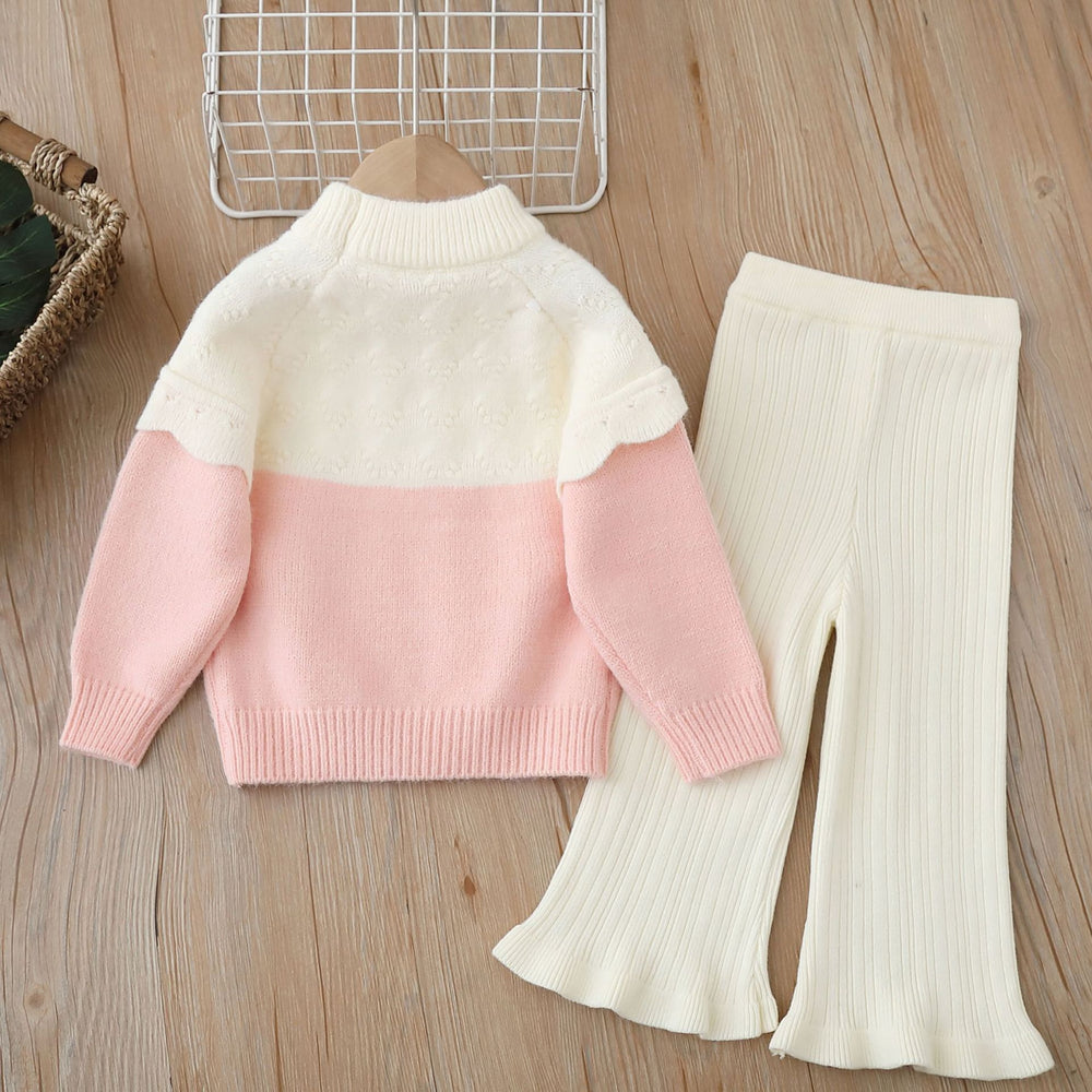 Girls' knitted sweater two-piece set: round neck, handmade floral detail, autumn/winter  new collection, pullover knitwear outfit for little girls