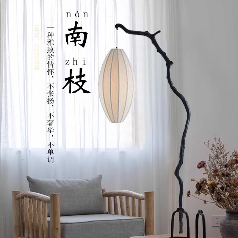 wabi-sabi retro wind branches new Chinese zen floor lamp tea room study atmosphere light fabric lantern fishing lamp