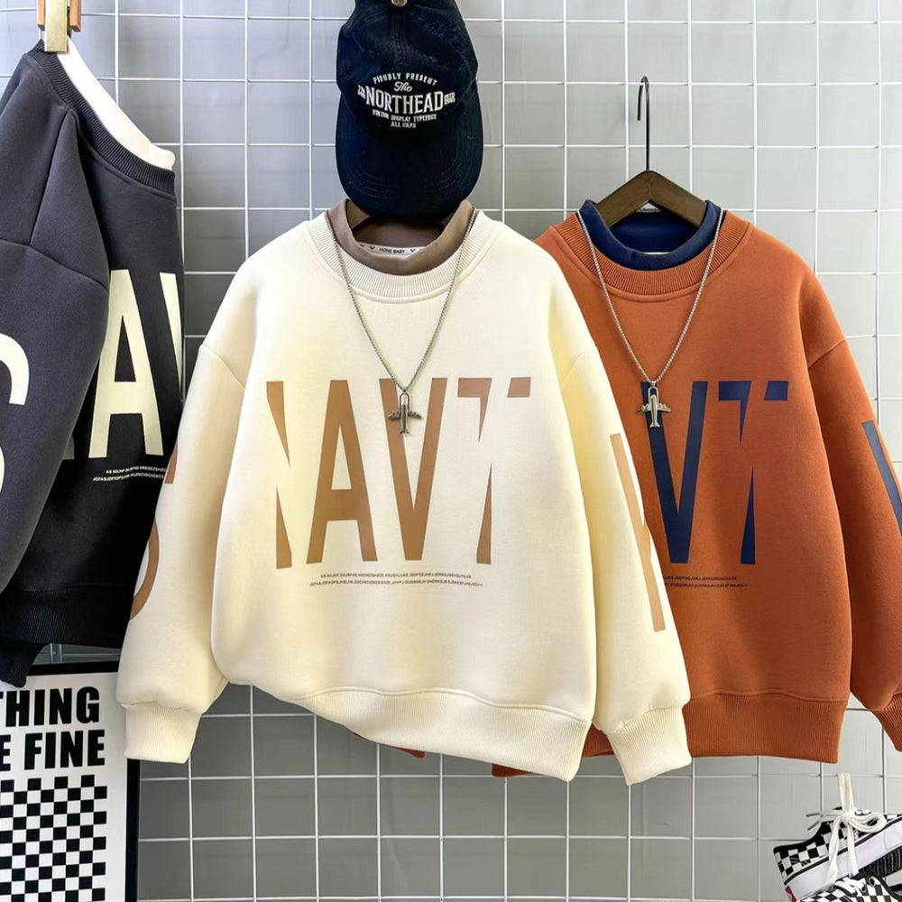 winter new arrival: mid-to-large size children's fleece-lined, extra-thick letter print trendy sweatshirt - boys' warm and cold-proof pullover