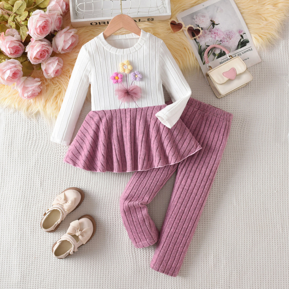 girls' knitted set: white ribbed top with ruffle and floral detail, purple pants - autumn two-piece outfit for kids